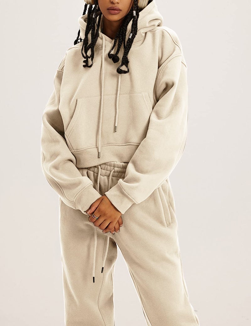 Eisctnd Women Fleece 2 Piece Tracksuits Fall Winter Sweatshirt Jogger Pants Matching Lounge Sets Thick Sweatsuits Pockets(Beige-S) - Image 2