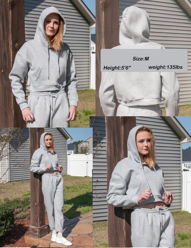 Eisctnd Women Fleece 2 Piece Tracksuits Fall Winter Sweatshirt Jogger Pants Matching Lounge Sets Thick Sweatsuits Pockets(Beige-S) - Image 5