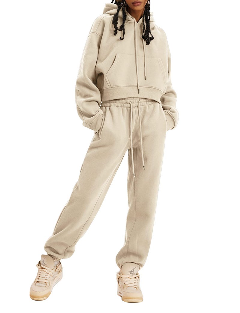 Eisctnd Women Fleece 2 Piece Tracksuits Fall Winter Sweatshirt Jogger Pants Matching Lounge Sets Thick Sweatsuits Pockets(Beige-S) - Image 4