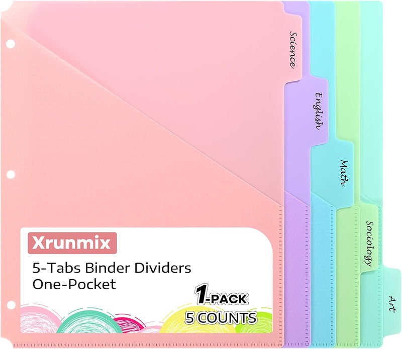 XRUNMIX 5 Tabs Dividers with Pockets for 3 Ring Binder, 5 Counts Binder Dividers for US Letter Size, Binder Dividers with Tabs for School Office and Home Organization, 5 Pastel Color (1) - Image 1