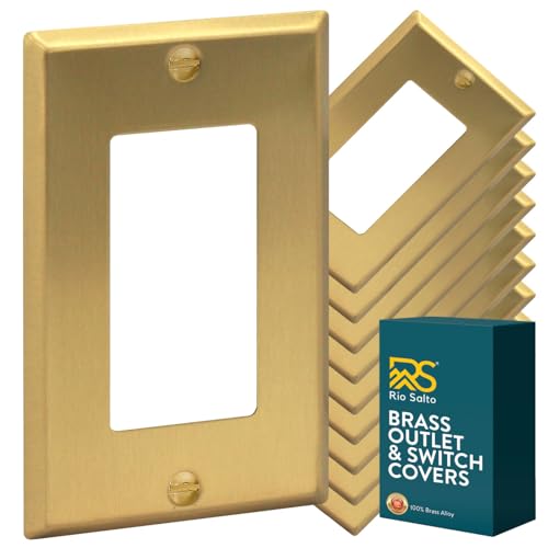 Rio Salto BRASS Metal Gold Light Switch Wall Plate Outlet Cover Wall Plate Single Receptacle Wallplate Rocker Covers 1 Gang Decora Brushed Brass 4.50" x 2.76" 10-Pack Standard Size - Image 1
