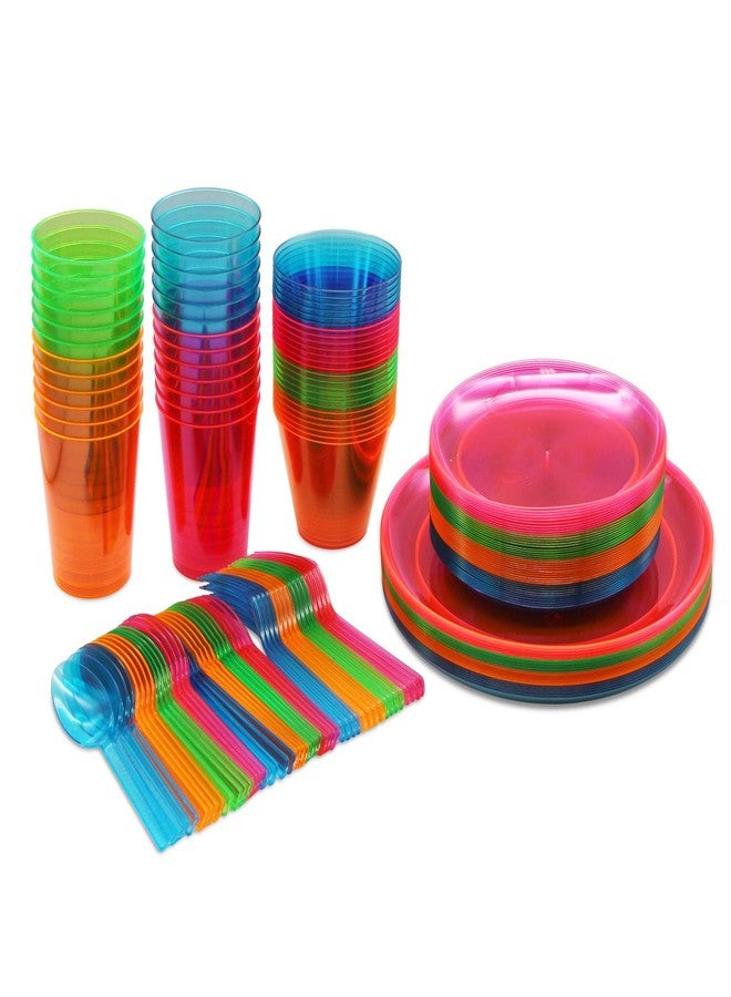 Party Essentials Party Supplies Set/Blacklight UV Glow in The Dark Kit, 9" Plates, 6" Plates, 10 oz. Tumblers, 9 oz. Tumblers, Cutlery, 158 Piece, Assorted Neon (N265298) - Image 1