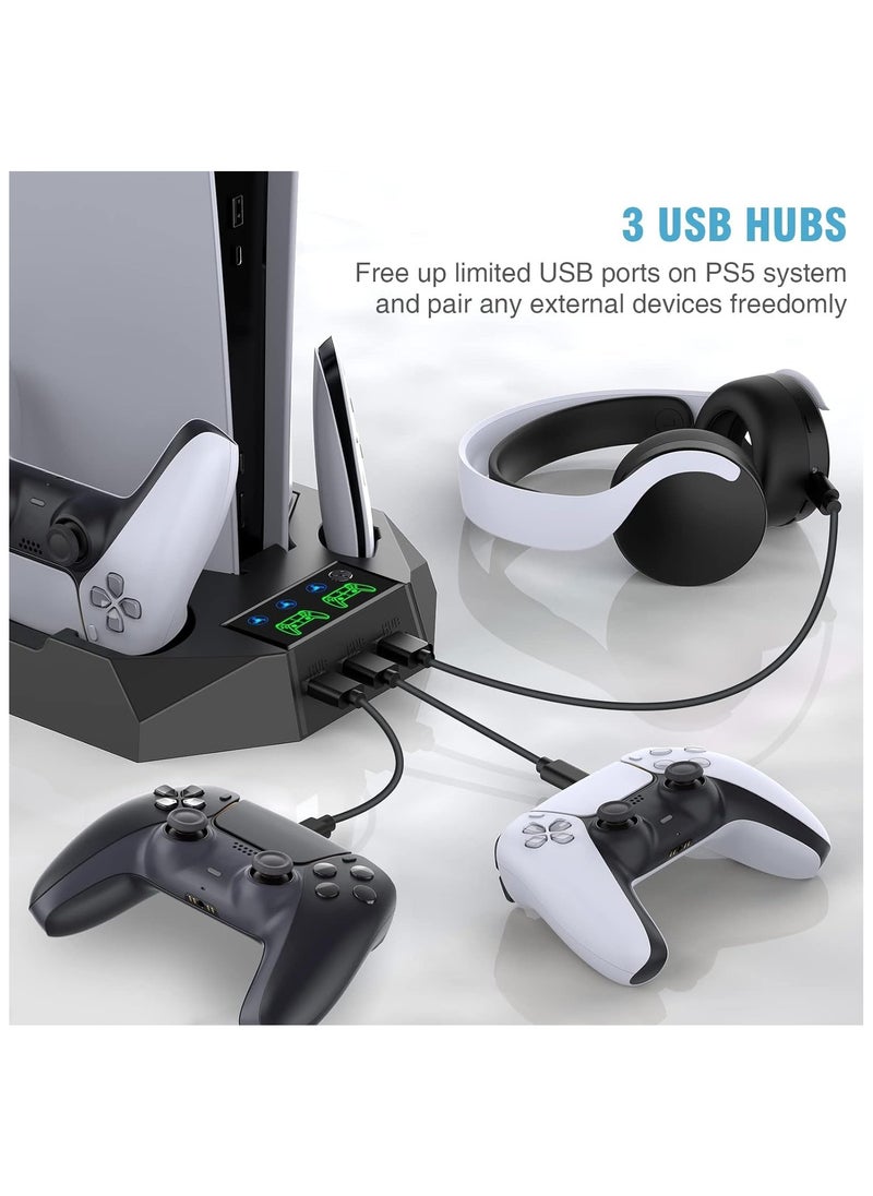 DOBE حامل PS5 رفيع ومحطة تبريد مع محطة شحن وحدة تحكم لجهاز Playsation 5 Slim والأقراص القياسية/وحدة التحكم الرقمية، بما في ذلك ملحقات PS5. شاحن وحدة التحكم / مروحة توربو / 3 موزع USB / حامل سماعة الرأس  - Image 2