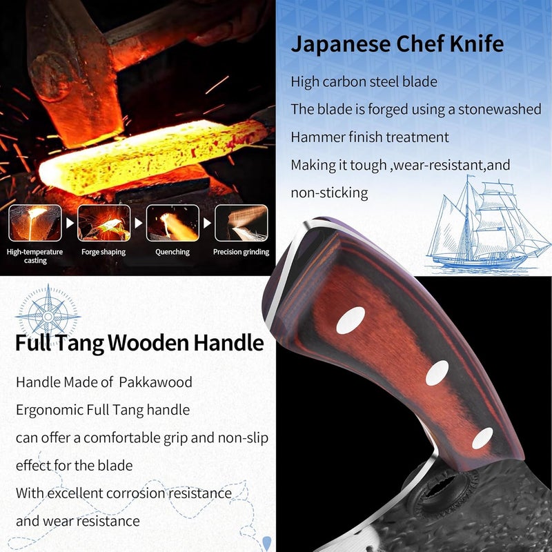 XYJ سكين شيف صربي XYJ سكين لحم 7 بوصة من الفولاذ الكربوني العالي بنمط مطرقة شفرة حادة للغاية سكين قطع الخضار واللحم مع غلاف مقبض خشبي كامل الطول سكين جزار لصديق - Image 3