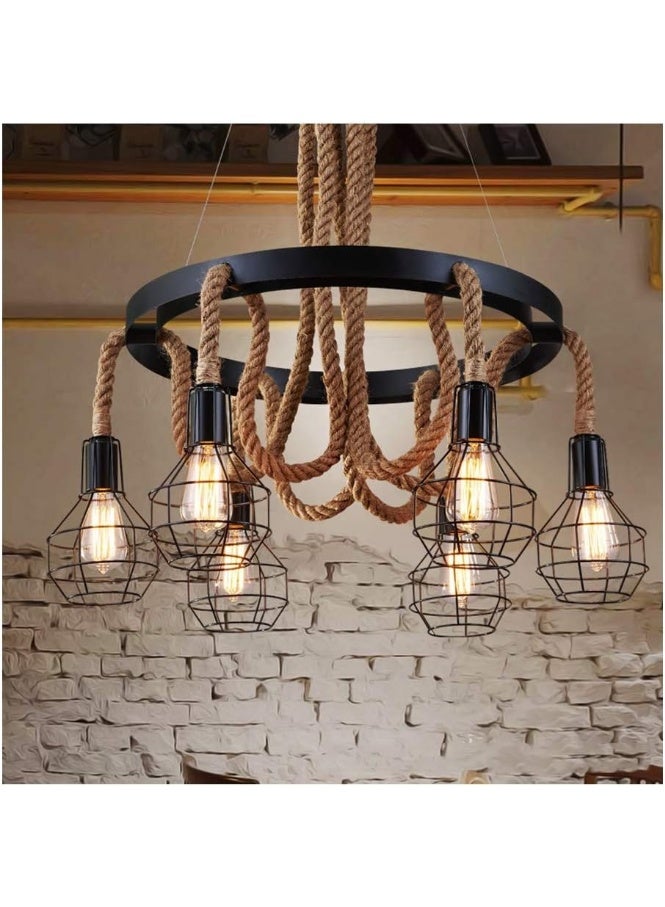 AFN Vintage Rope Chandelier Ceiling Light with Multi Bulb Hanging Design, Industrial Farmhouse Pendant Lamp for Dining Room Living Area Restaurant Decor - Image 1