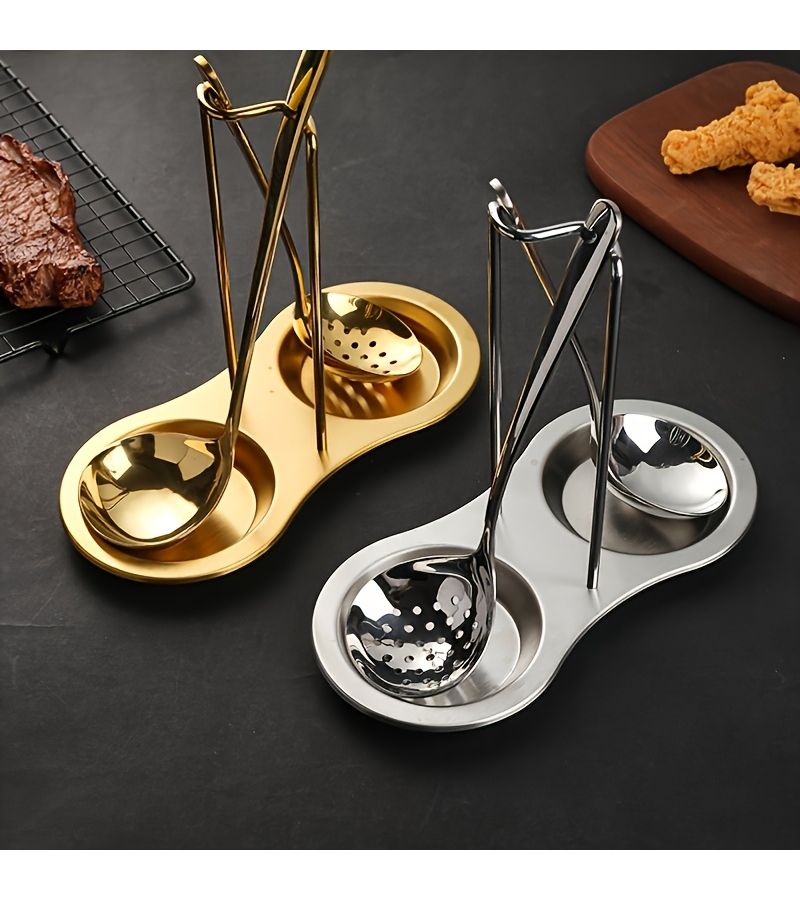 Silvery Stainless Steel Spoon Rest Double Round Draining Stand Keeps Tabletop Clean - Image 1