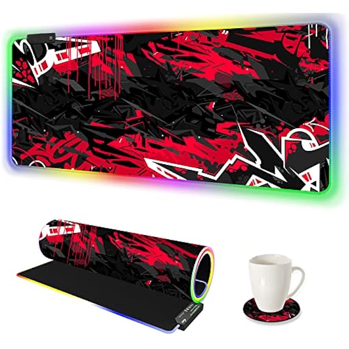 rayihni LARGE RGB GAMING MOUSE PAD, KEYBOARD MOUSEPAD LED EXTENDED 35.4 X 15.8 INCH NON-SLIP RUBBER BASE WITH 14 LIGHTING MODES, BIG DESK MAT WATERPROOF, RED BLACK - Image 1