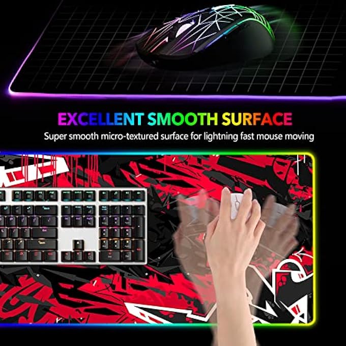 rayihni LARGE RGB GAMING MOUSE PAD, KEYBOARD MOUSEPAD LED EXTENDED 35.4 X 15.8 INCH NON-SLIP RUBBER BASE WITH 14 LIGHTING MODES, BIG DESK MAT WATERPROOF, RED BLACK - Image 2