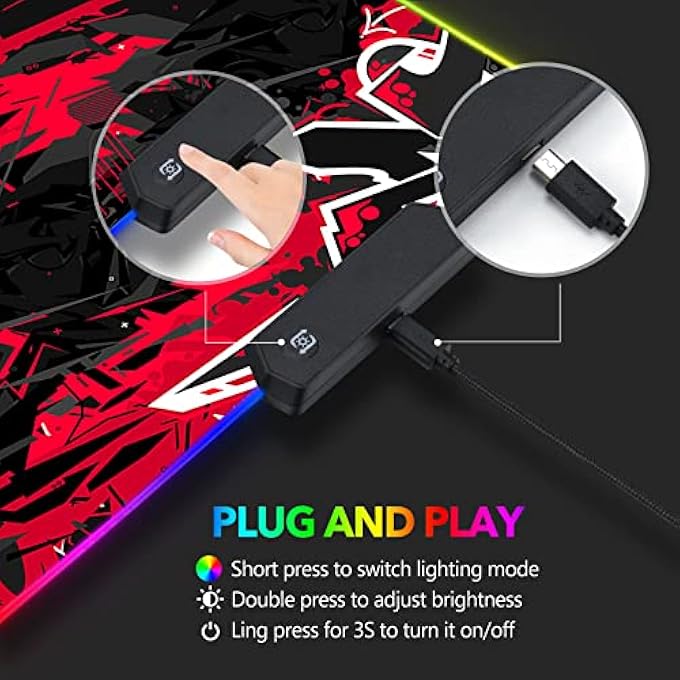 rayihni LARGE RGB GAMING MOUSE PAD, KEYBOARD MOUSEPAD LED EXTENDED 35.4 X 15.8 INCH NON-SLIP RUBBER BASE WITH 14 LIGHTING MODES, BIG DESK MAT WATERPROOF, RED BLACK - Image 3