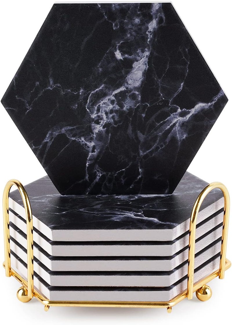 Geichan Black Coasters,Coaster for Drinks, Absorbent Marble Coasters with Metal holder for Various Cups, Tables and Home Decor - Image 1