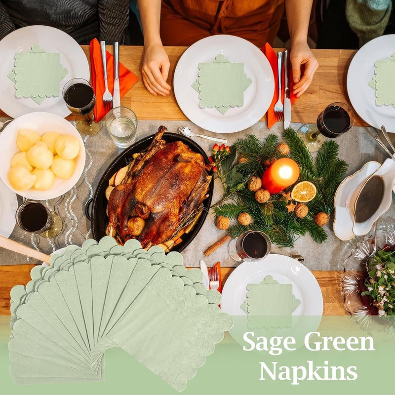100 Pcs Sage Green Cocktail Napkins, 2-Ply Disposable Scalloped Napkins for Parties and Events - Image 5
