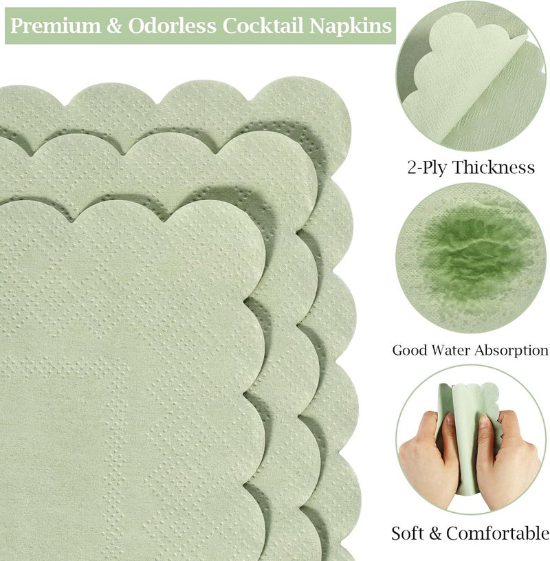 100 Pcs Sage Green Cocktail Napkins, 2-Ply Disposable Scalloped Napkins for Parties and Events - Image 3