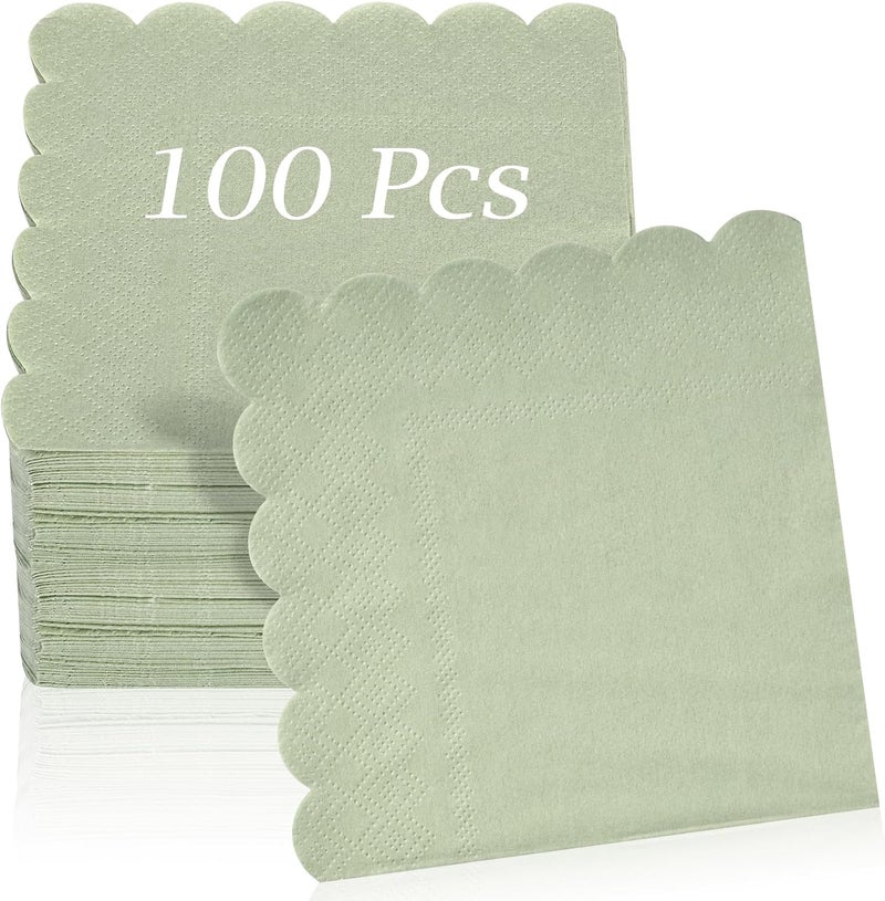 100 Pcs Sage Green Cocktail Napkins, 2-Ply Disposable Scalloped Napkins for Parties and Events - Image 1
