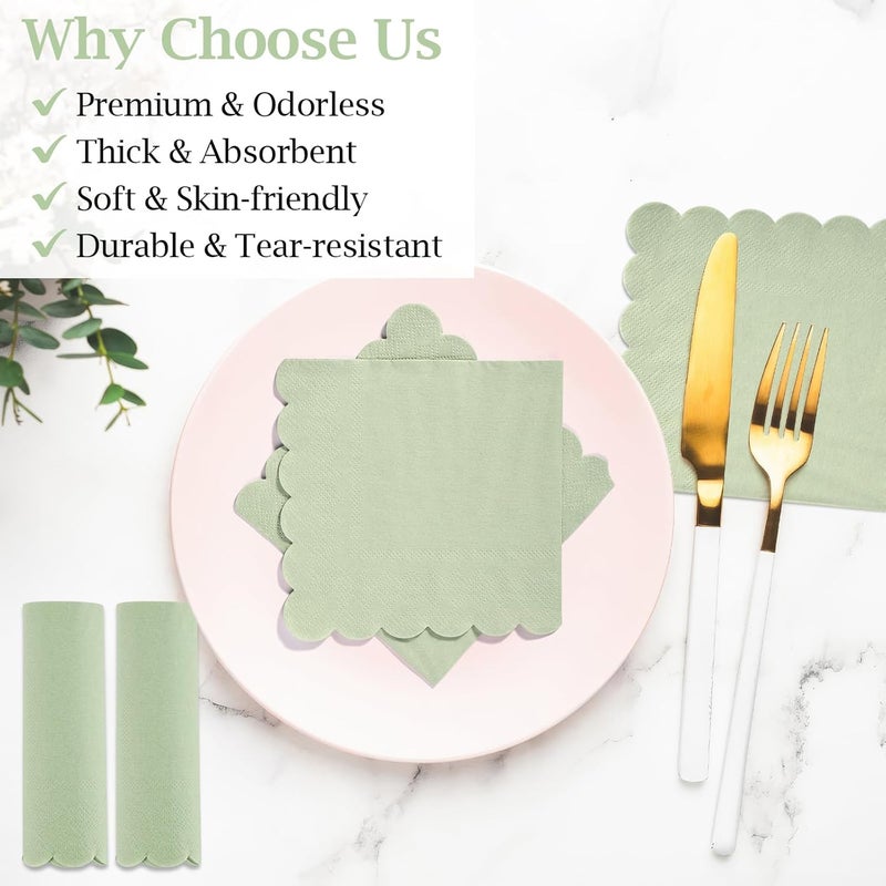 100 Pcs Sage Green Cocktail Napkins, 2-Ply Disposable Scalloped Napkins for Parties and Events - Image 4
