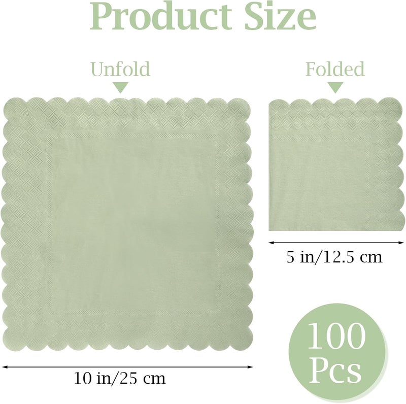 100 Pcs Sage Green Cocktail Napkins, 2-Ply Disposable Scalloped Napkins for Parties and Events - Image 2