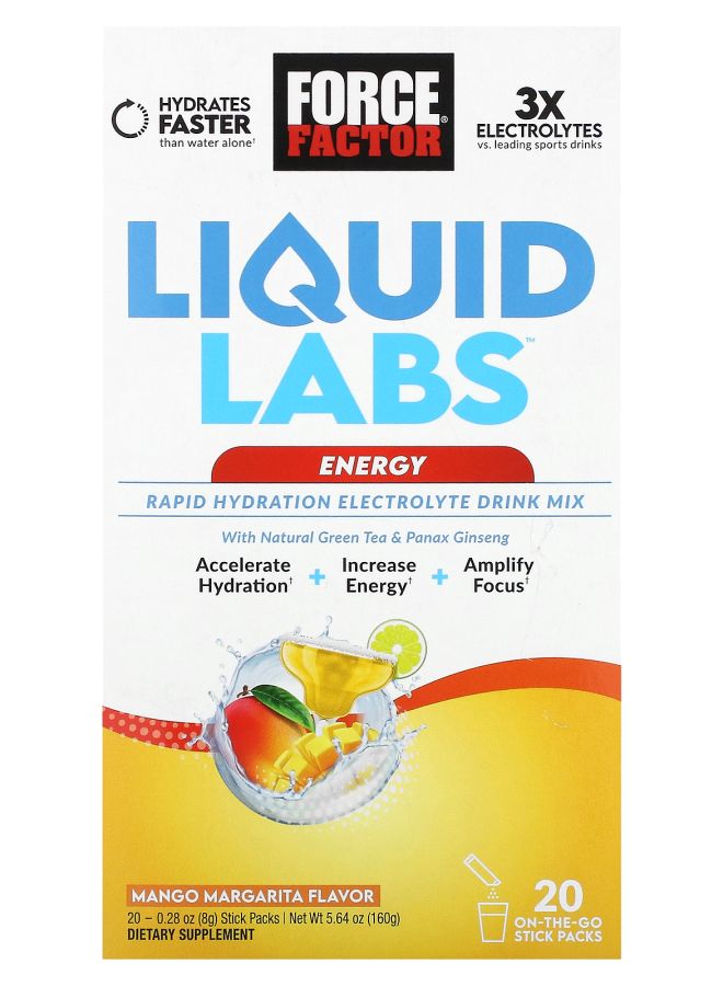 Force Factor Liquid Labs™ Energy Rapid Hydration Electrolyte Drink Mix Mango Margarita 20 Stick Packs 0.28 oz (8 g) Each