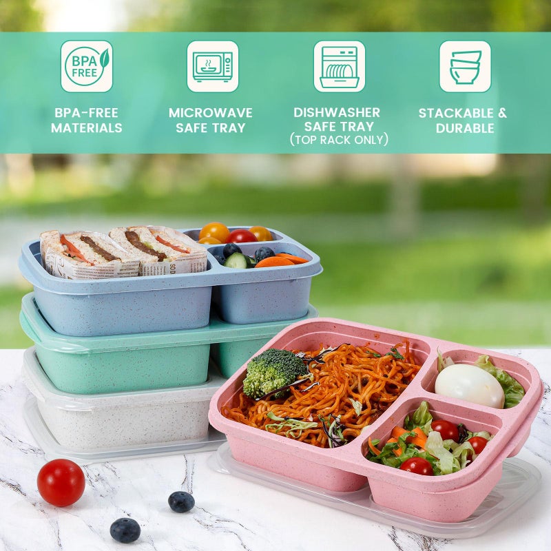 Caperci Wheat Straw Bento Lunch Box Containers for Adults & Kids - 3-Compartment Reusable Meal Prep Containers for School, Work, Travel, Set of 4 (Multicolor & Clear Lids) - Image 3