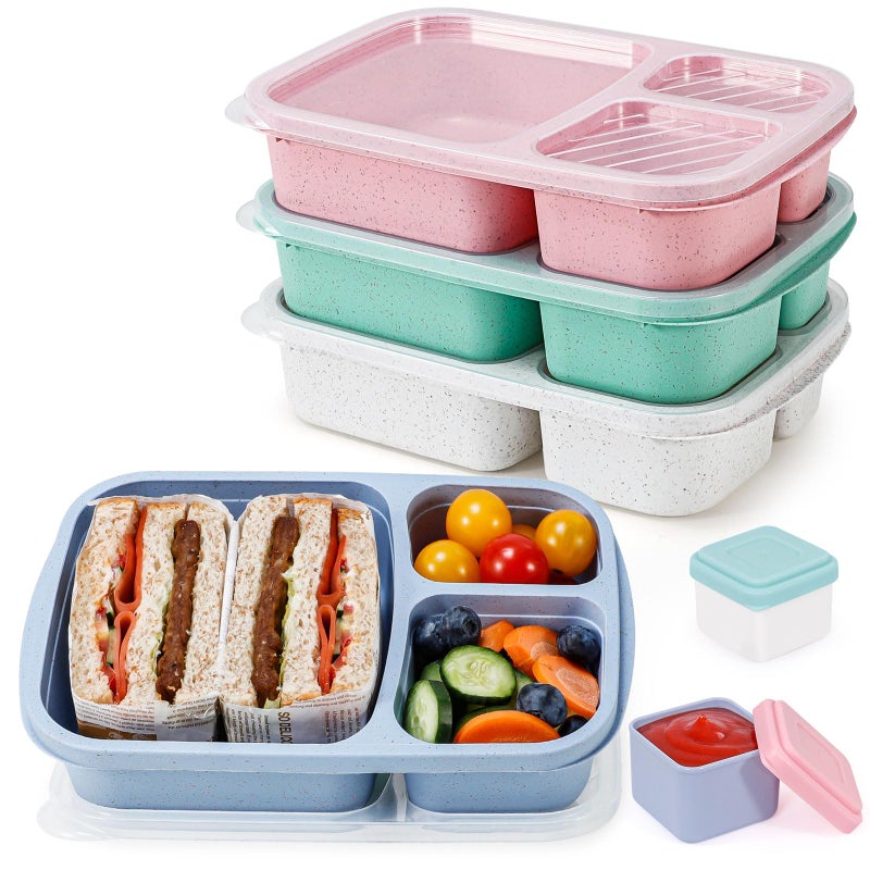 Caperci Wheat Straw Bento Lunch Box Containers for Adults & Kids - 3-Compartment Reusable Meal Prep Containers for School, Work, Travel, Set of 4 (Multicolor & Clear Lids) - Image 1