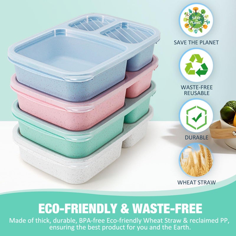 Caperci Wheat Straw Bento Lunch Box Containers for Adults & Kids - 3-Compartment Reusable Meal Prep Containers for School, Work, Travel, Set of 4 (Multicolor & Clear Lids) - Image 2