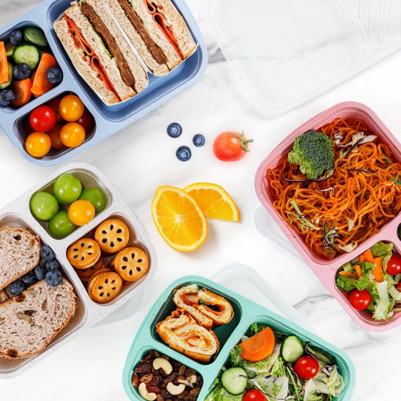 Caperci Wheat Straw Bento Lunch Box Containers for Adults & Kids - 3-Compartment Reusable Meal Prep Containers for School, Work, Travel, Set of 4 (Multicolor & Clear Lids) - Image 4