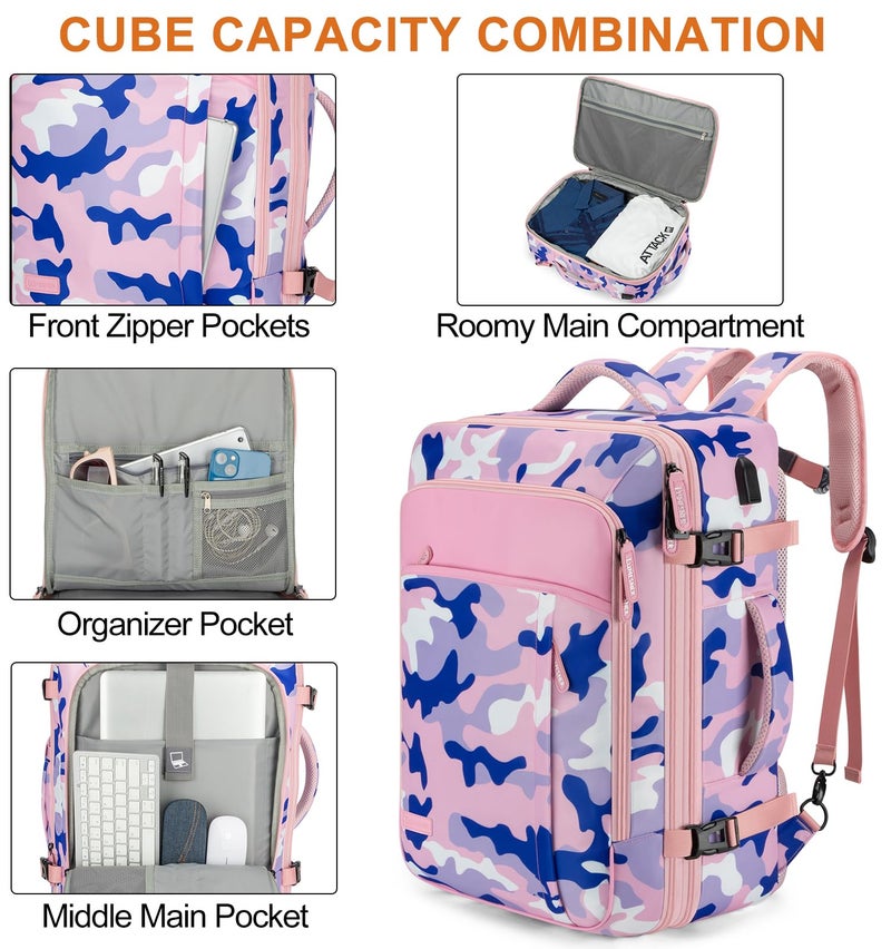 Lumesner Carry on Travel Backpacks, Extra Large 40L Flight Approved for Men & Women,Expandable Suitcase backpack (Camouflage Pink(Backpack With 4 Packing Cubes)) - Image 5