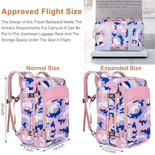 Lumesner Carry on Travel Backpacks, Extra Large 40L Flight Approved for Men & Women,Expandable Suitcase backpack (Camouflage Pink(Backpack With 4 Packing Cubes)) - Image 3