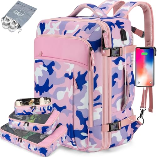 Lumesner Carry on Travel Backpacks, Extra Large 40L Flight Approved for Men & Women,Expandable Suitcase backpack (Camouflage Pink(Backpack With 4 Packing Cubes)) - Image 1