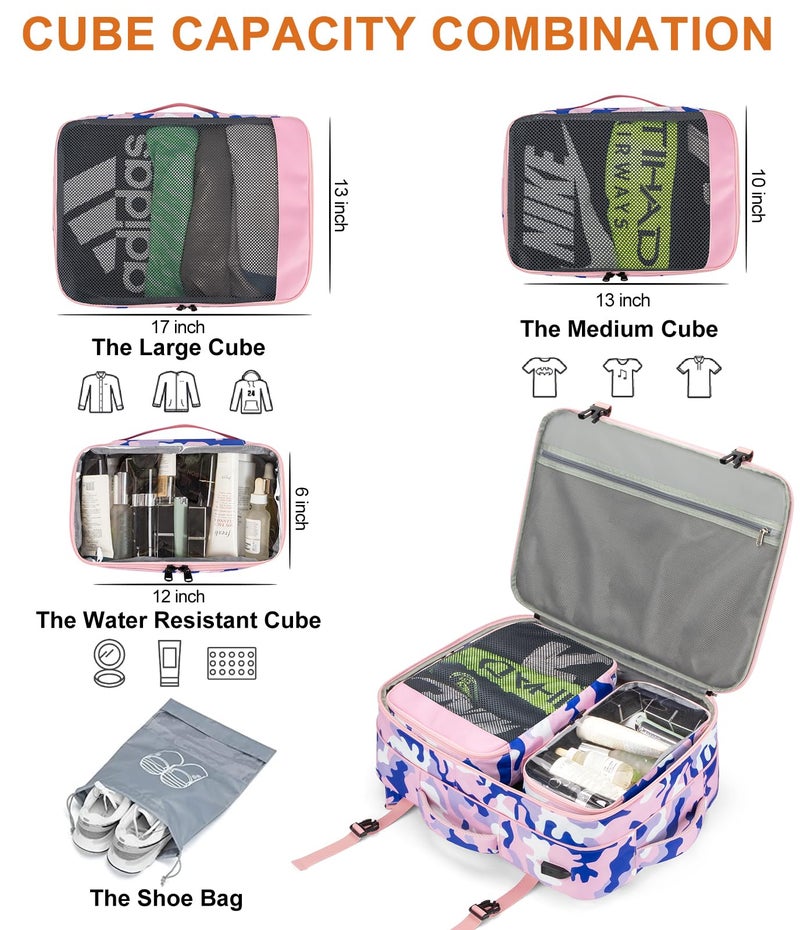 Lumesner Carry on Travel Backpacks, Extra Large 40L Flight Approved for Men & Women,Expandable Suitcase backpack (Camouflage Pink(Backpack With 4 Packing Cubes)) - Image 4