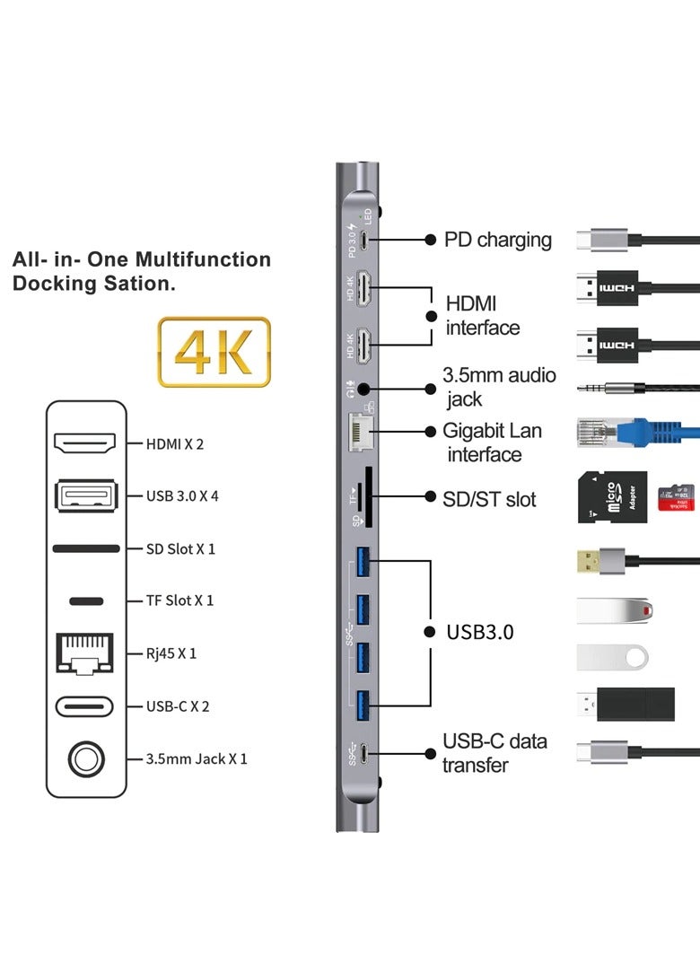 DUSALA 14 In 1 USB C Multi Function Docking Station Laptop Base For Network, 4K Ultra HD, Headphone, Support USB 3.0, SD Card, TF Card  And PD 3.0 - Image 3