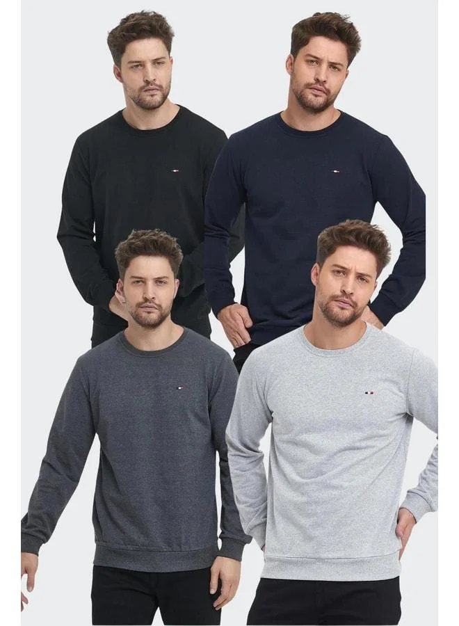 Men's Multi-Colored Crew Neck Sweatshirt with Embroidered Details, Regular Fit, 4-Pack