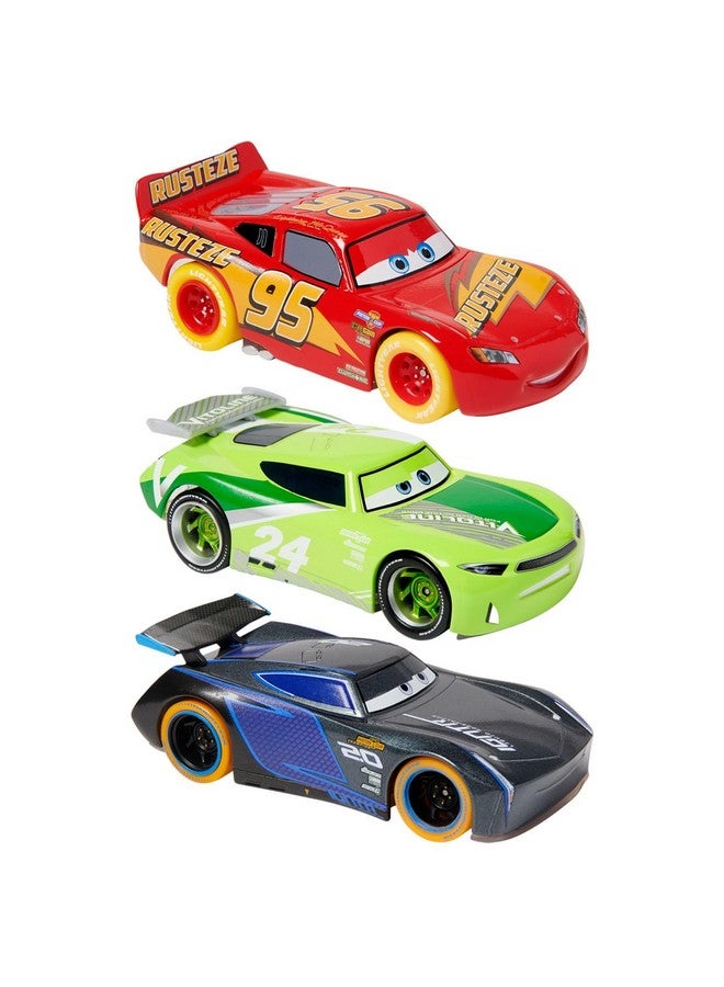 Disney store مجموعة سيارات ديزني ستور الرسمية القابلة للسحب والمضيئة - تضم لايتنينغ ماكوين، جاكسون ستورم، تشيس ريسلوت - مجموعة الأضواء النيون مع سيارات داي كاست القابلة للسحب والمضيئة - Image 1