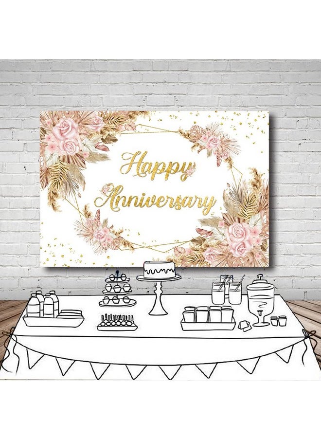 MEHOFOND - Boho Happy Anniversary Backdrop Bohemia Pampas Grass Engagement Banner Couple Love Cheers To 1 10 Years 50Th Wedding Birthday Party Decorations Blush Pink Floral Photography Background 8X6Ft - Image 1