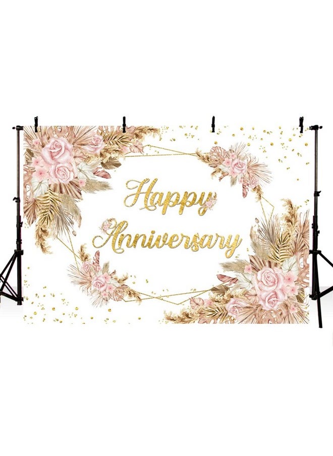 MEHOFOND - Boho Happy Anniversary Backdrop Bohemia Pampas Grass Engagement Banner Couple Love Cheers To 1 10 Years 50Th Wedding Birthday Party Decorations Blush Pink Floral Photography Background 8X6Ft - Image 1