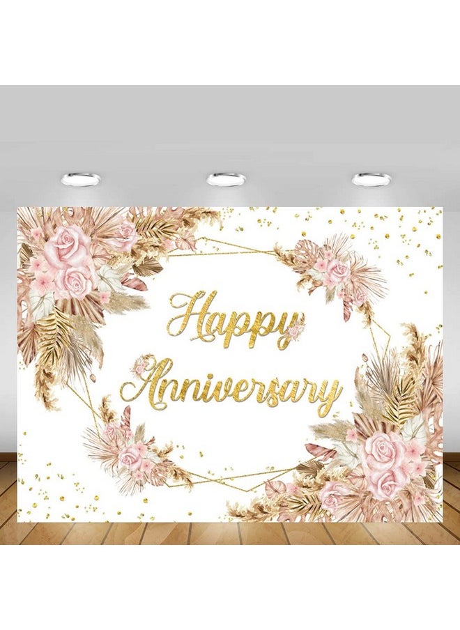 MEHOFOND - Boho Happy Anniversary Backdrop Bohemia Pampas Grass Engagement Banner Couple Love Cheers To 1 10 Years 50Th Wedding Birthday Party Decorations Blush Pink Floral Photography Background 8X6Ft - Image 1