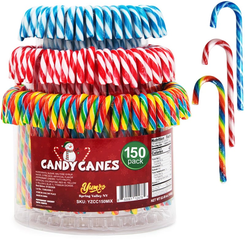 Christmas Candy Canes Tutti Frutti, Blue/White Peppermint, Red and White Cherry Mix Flavors - Bulk Candy Canes Individually Wrapped for Family Holiday Indulgement, Candy Cane Gift Set (150 Count) - Image 1