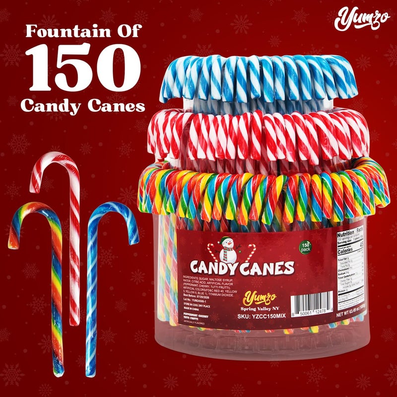 Christmas Candy Canes Tutti Frutti, Blue/White Peppermint, Red and White Cherry Mix Flavors - Bulk Candy Canes Individually Wrapped for Family Holiday Indulgement, Candy Cane Gift Set (150 Count) - Image 2