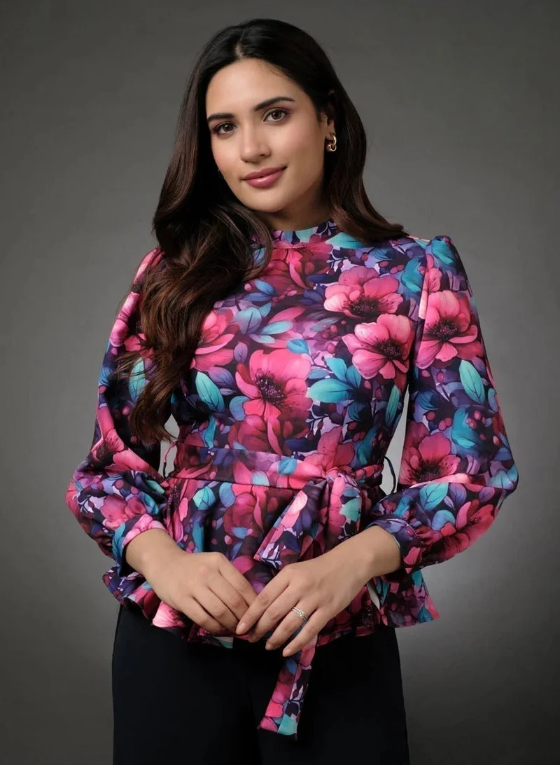 Zigzag Floral Peplum Top With Puffed Sleeve