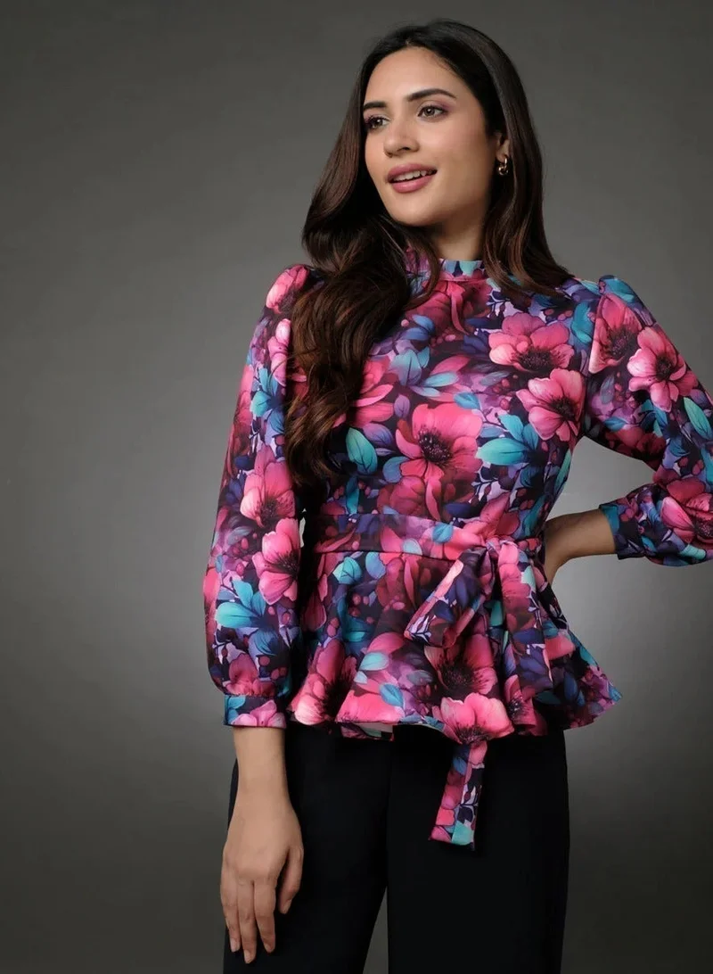 Zigzag Floral Peplum Top With Puffed Sleeve