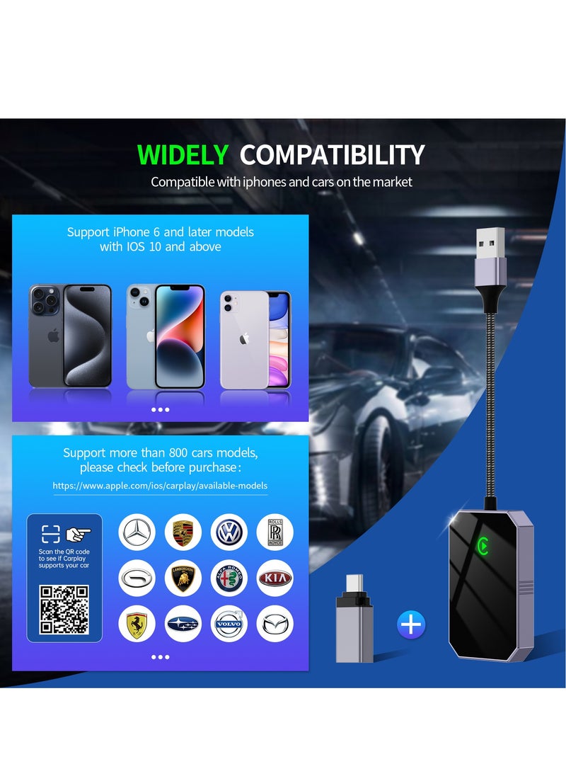 Wireless Carplay Adapter, Convert Wired to Wireless Car Play & Android Auto 2-in-1 Adapter for Apple iPhone & Android Phone, Plug & Play, Auto Connect, No Delay, with USB C, for iOS 10+ Android 11+