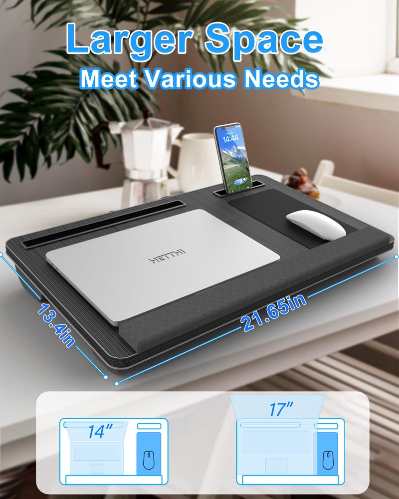 HETTHI Laptop Lap Desk, Portable Large Laptop Desk for Bed, Up to 17 Inch Lap Pad Tray with Wrist Rest, Mouse Pad, Tablet Phone Slot, Portable Handle, Cushion (Black) - Image 2