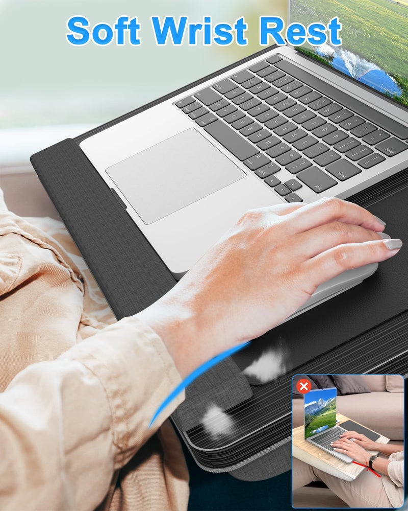 HETTHI Laptop Lap Desk, Portable Large Laptop Desk for Bed, Up to 17 Inch Lap Pad Tray with Wrist Rest, Mouse Pad, Tablet Phone Slot, Portable Handle, Cushion (Black) - Image 3