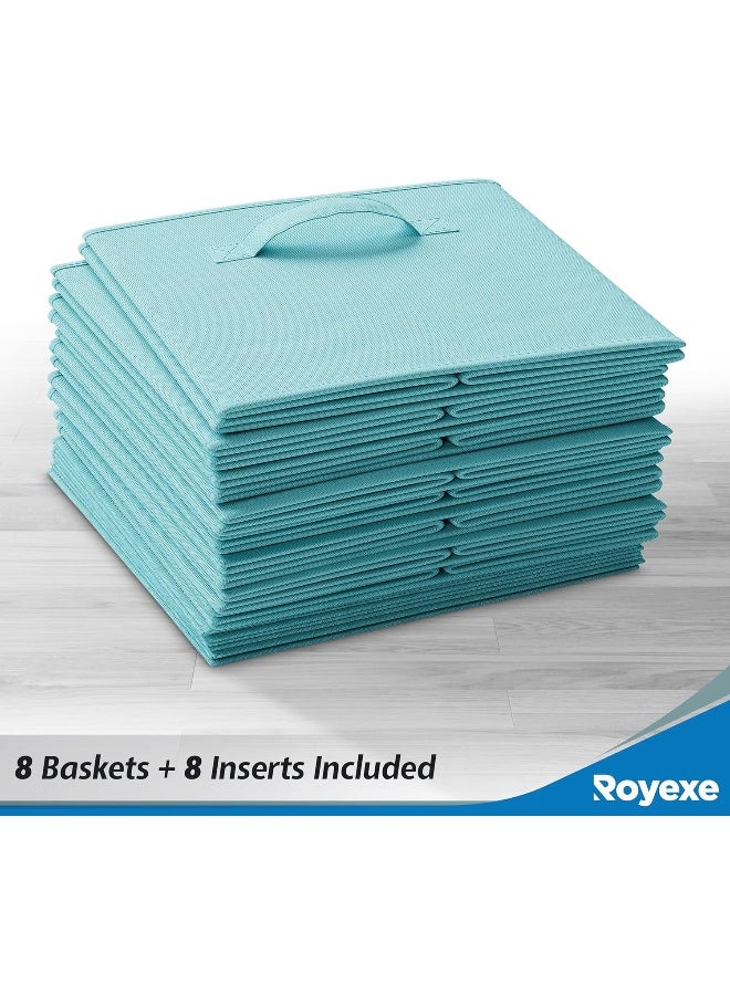Royexe Set of 8 Foldable Fabric Storage Cube Bins | Collapsible Cloth Organizer Baskets Containers | Folding Nursery Closet Drawer | Features Dual Handles | Beautiful Colors Available (Blue) - Image 3
