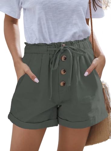 FEKOAFE Women's Drawstring Solid Beach Shorts Summer Casual Comfy Cotton Elastic Waist Pocketed Shorts Army Green Medium - Image 4
