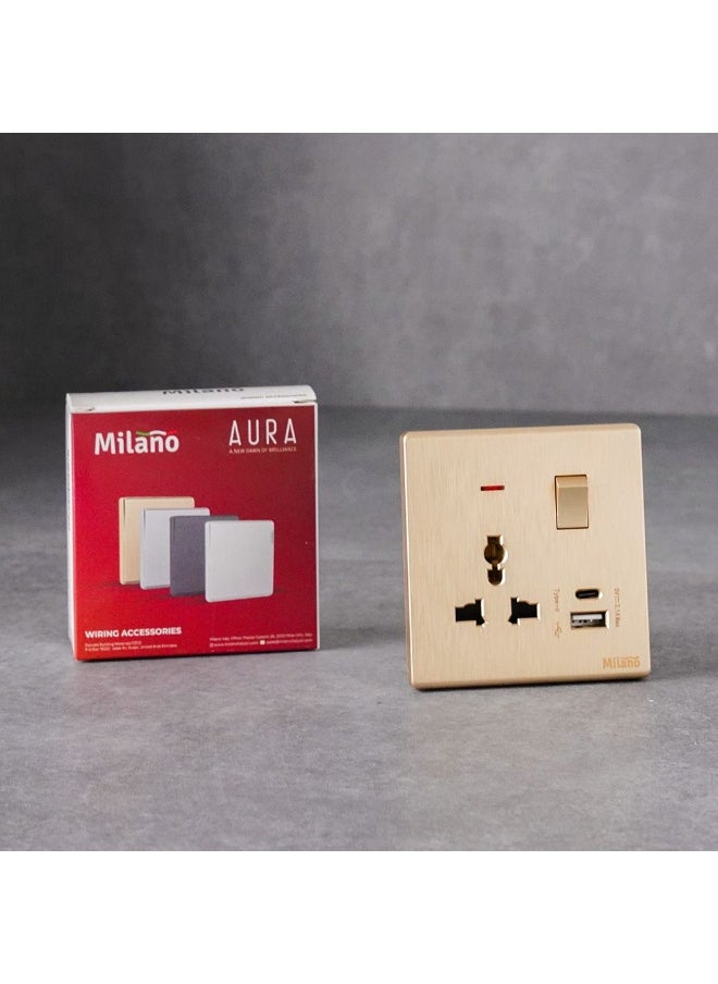 DANUBE HOME Milano Aura 13A Universal Socket With Neon & Usb Type A+C - Gold Finish Durable Fire Retardant Pc/Silver Point Red Copper Electrical Switches & Sockets Home Electronic Accessories - 17.2X9X4Cm  - Image 3