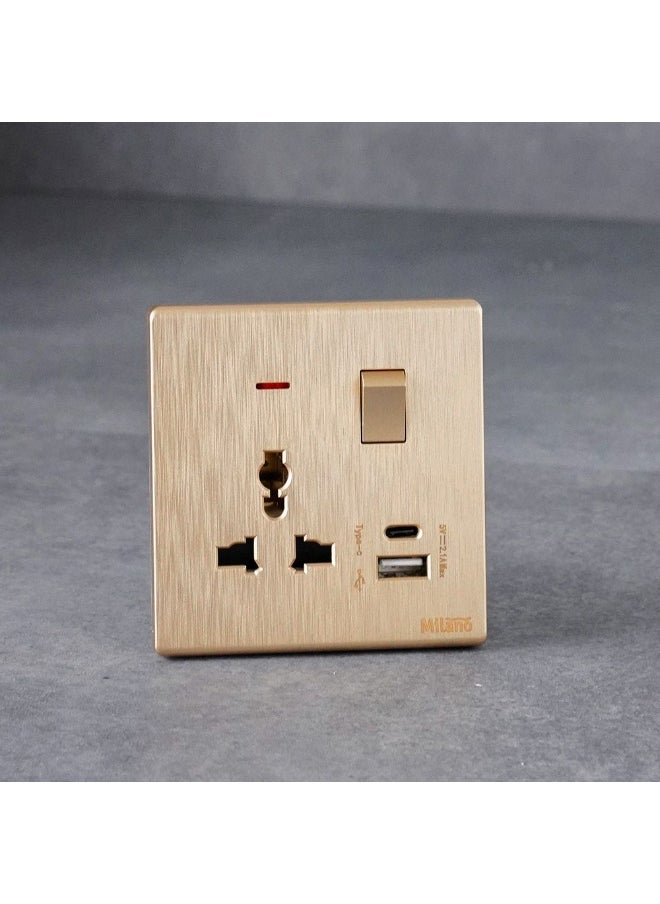 DANUBE HOME Milano Aura 13A Universal Socket With Neon & Usb Type A+C - Gold Finish Durable Fire Retardant Pc/Silver Point Red Copper Electrical Switches & Sockets Home Electronic Accessories - 17.2X9X4Cm  - Image 1