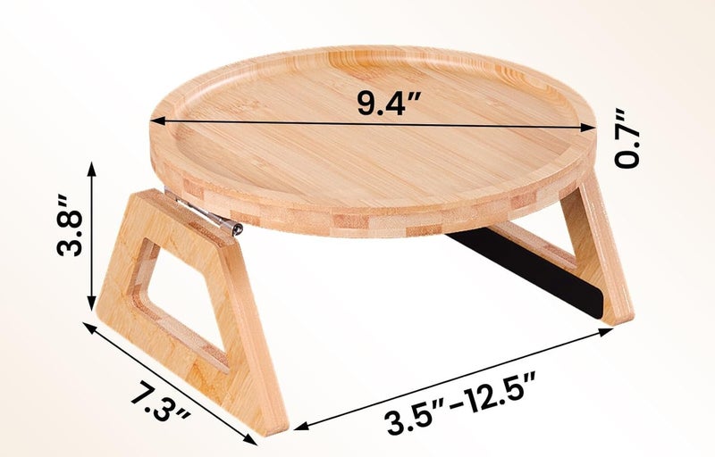 Folding Bamboo Sofa Armrest Tray Clip-On Couch Desk for Drinks, Snacks, Phone & Remote Control (Natural Bamboo) – Choose Round or Rectangular Variation (Round) - Image 2