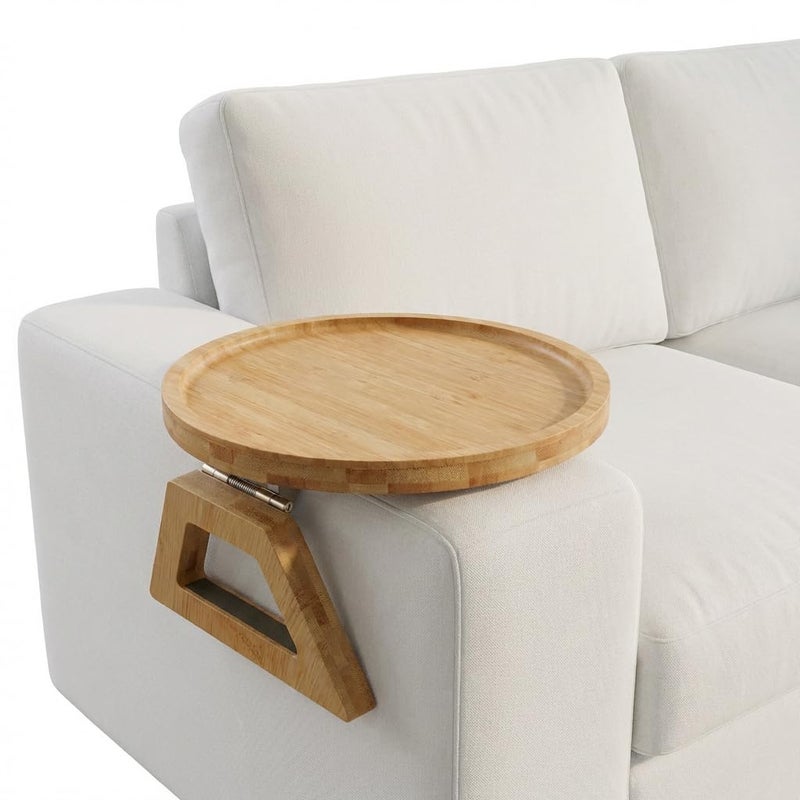 Folding Bamboo Sofa Armrest Tray Clip-On Couch Desk for Drinks, Snacks, Phone & Remote Control (Natural Bamboo) – Choose Round or Rectangular Variation (Round) - Image 1