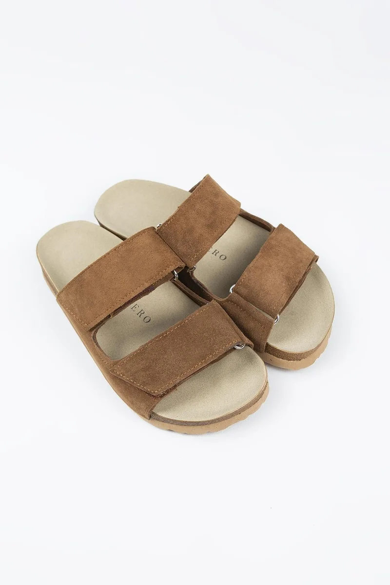 Manijero Manijero Vina Genuine Leather Velcro Tan Slippers