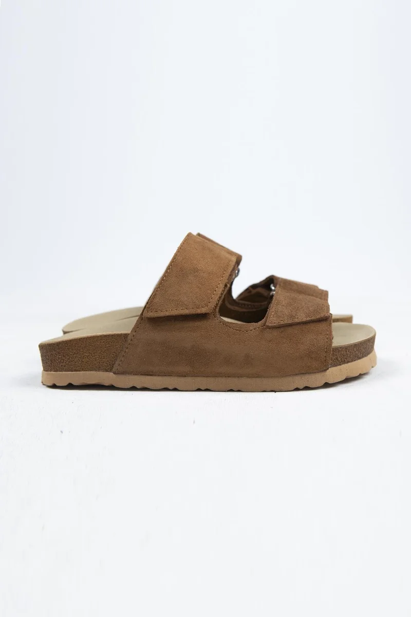 Manijero Manijero Vina Genuine Leather Velcro Tan Slippers