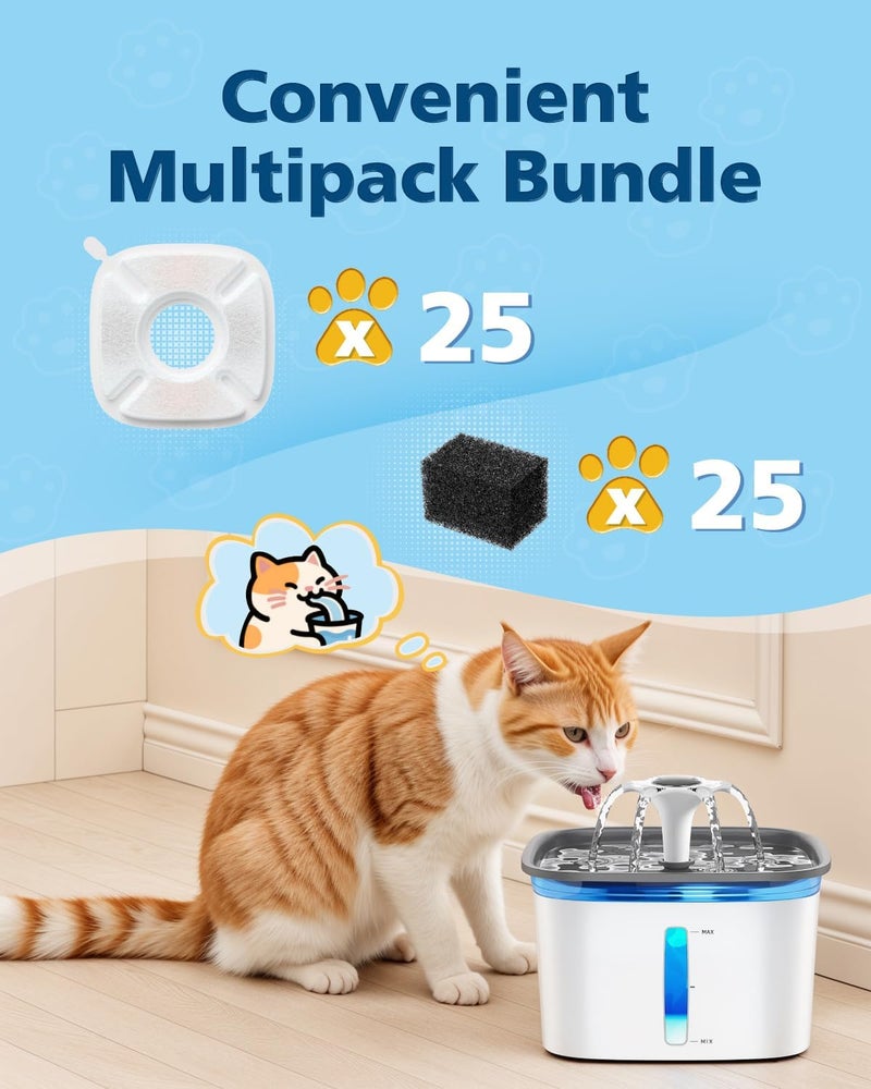 Beckacher 50 Pcs Cat Water Fountain Filters for Veken 95oz/2.8L, 67oz, 85oz, 135oz Dog Water Fountain Automatic Pet Fountain Dog Water Dispenser 25Pcs Pet Fountain Filter Replacement & 25Pcs Pre-Filter Sponges - Image 2
